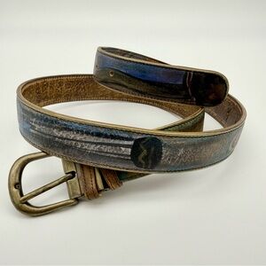 JANE YOO Artistic Hand Painted Leather Belt with Brass Buckle 39" Long